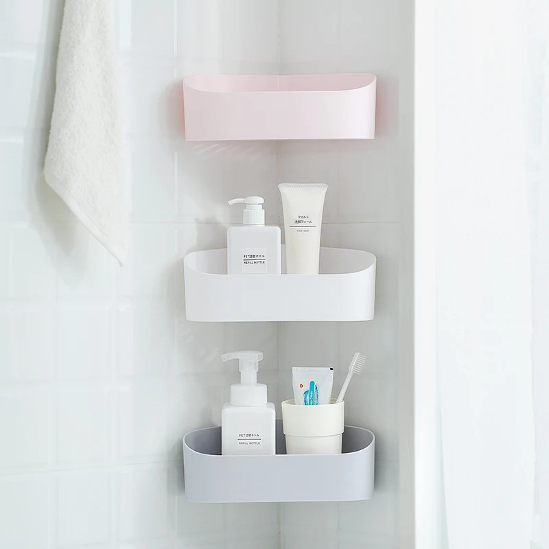 ZhangJi Bathroom Triangle Wall Corner Storage Holder Racks Traceless Adhesive Shelf Wall Mount No Drilling Storage Box Shelves