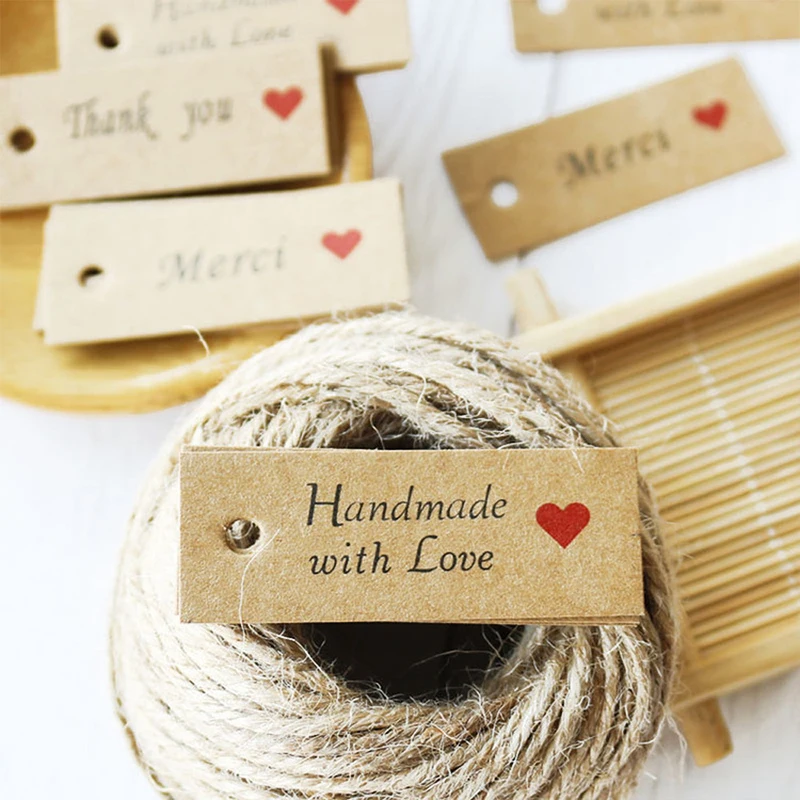 100pcs/lot Kraft Paper Tags Handmade with Love Hang Tags Garment Tags for Candy Gift Display Packing Label Card