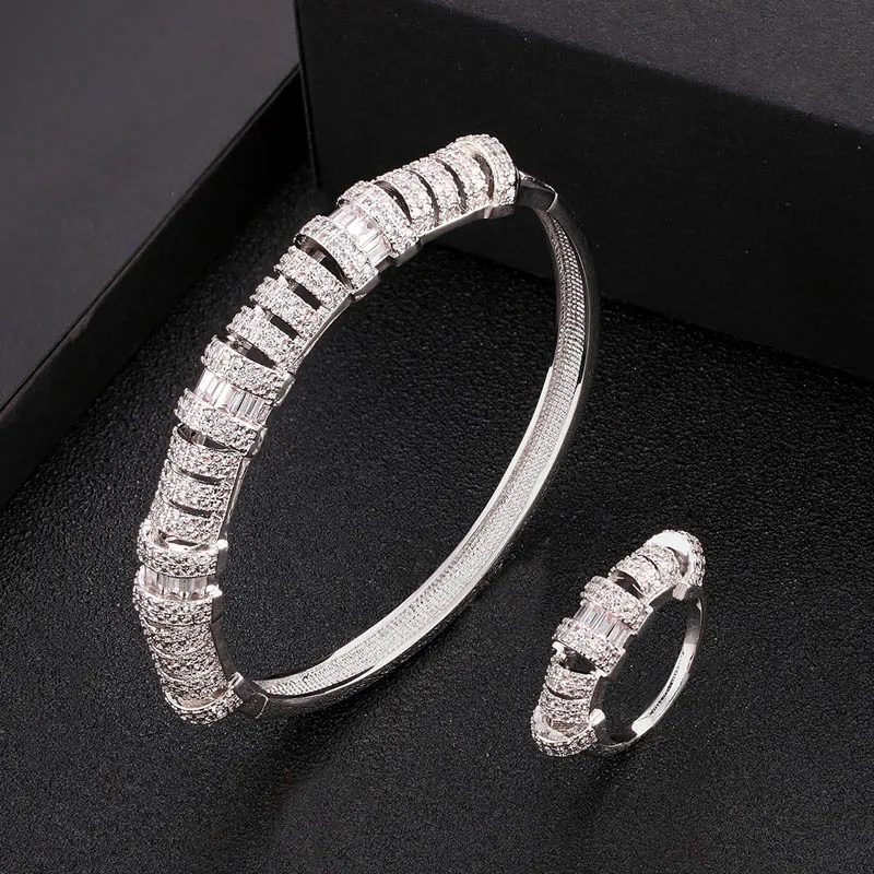 

Zlxgirl Three plated color zirconia bangle ring 2pcs bridal jewelry set Gold bracelet aneis couple accessory set free ship bags