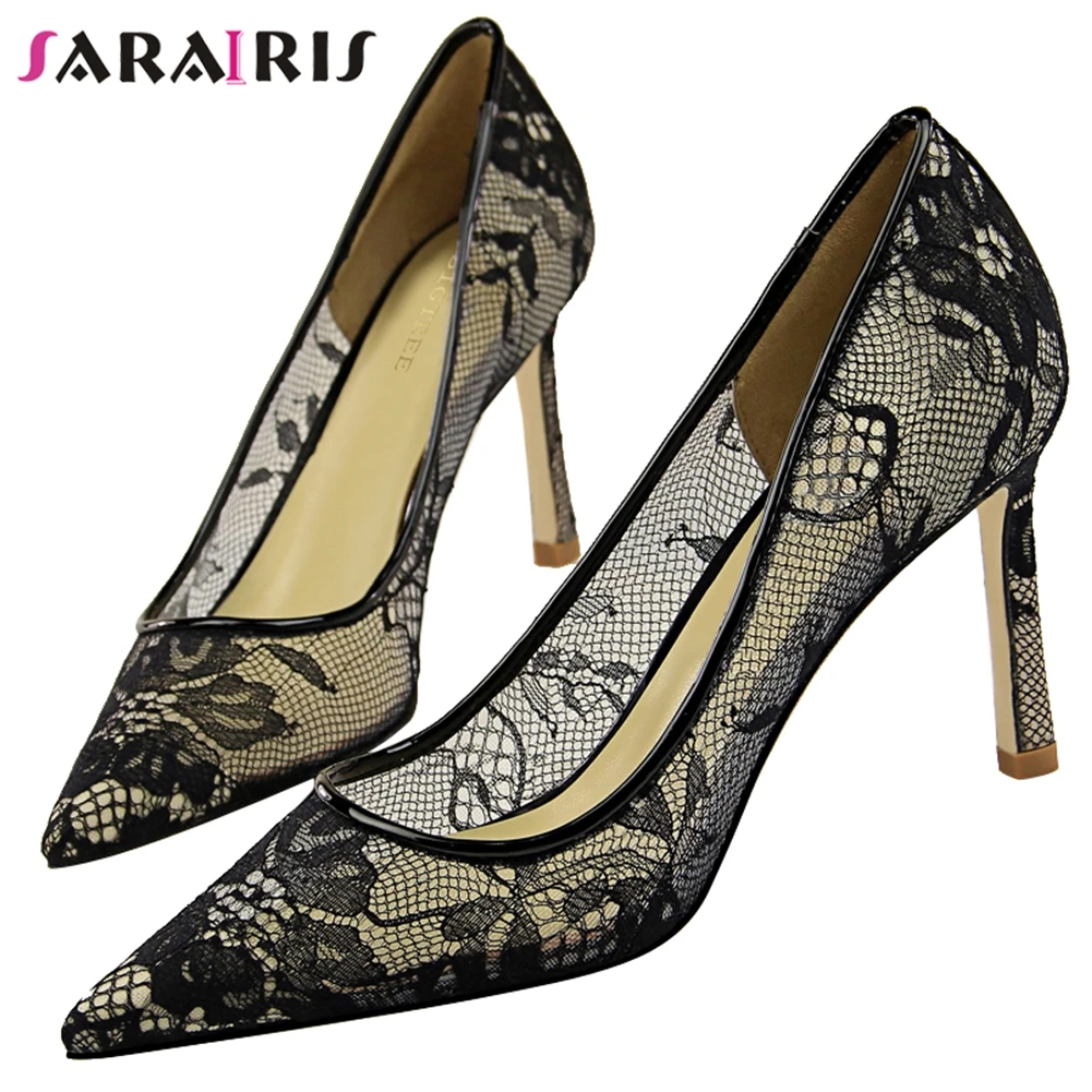 

SARAIRIS New Female Breathable Pointed Toe Mesh Pumps Sexy Shallow Pumps Women Summer Elegant Lace Embroider Shoes Woman