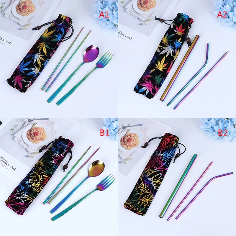 

New Portable Stainless Steel Cutlery Set Rainbow Color Knife Fork Spoon Straw With cloth bag Kitchen Dinnerware Tableware Kit