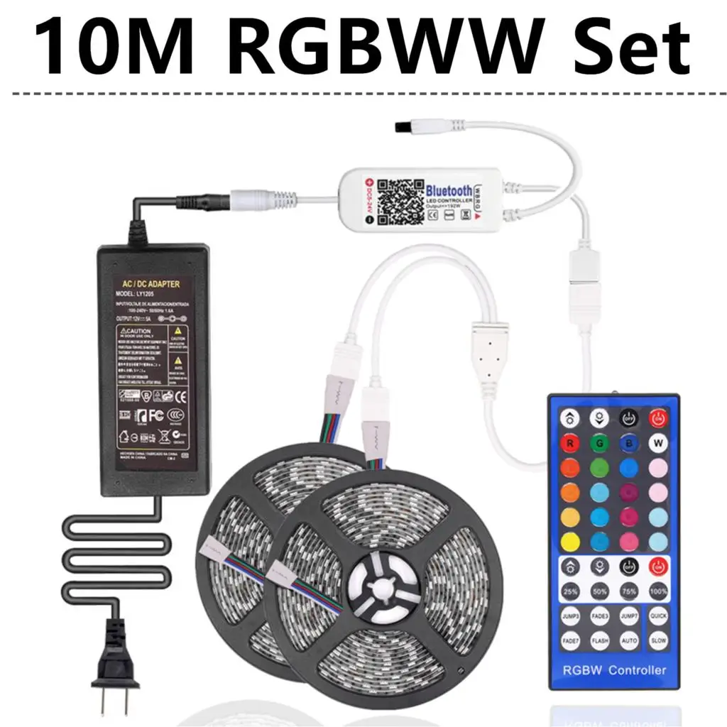 10 м RGB светодиодный светильник 5050 SMD RGBWW диодный светодиодный ленточный Водонепроницаемый Bluetooth 24Key 44key управление DC 12V адаптер питания набор - Испускаемый цвет: 10M RGBWW Set
