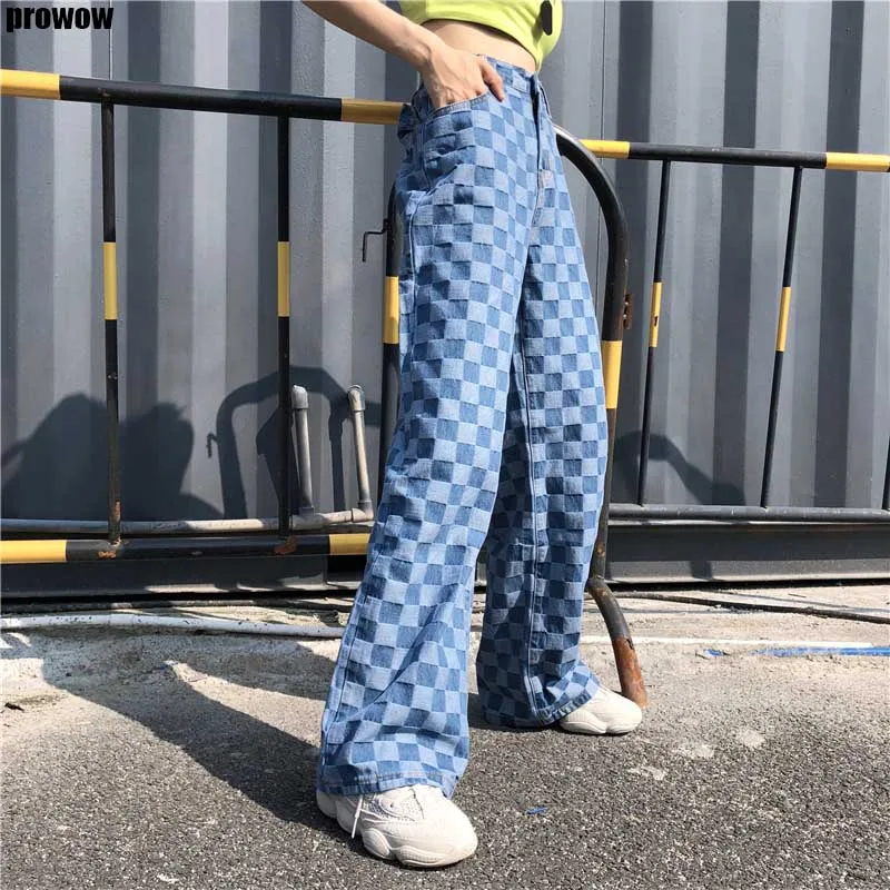 2020 Women New Autumn Winter High Waist Personality Plaid Printing Women Wide Leg Pants Loose Big Size Trousers Female