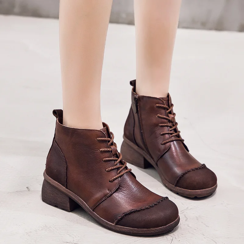 GKTINOO/Новинка года; женские ботинки из натуральной кожи; повседневные ботильоны на шнуровке в винтажном стиле; осенне-зимняя обувь с круглым носком на высоком квадратном каблуке - Цвет: 56107 brown