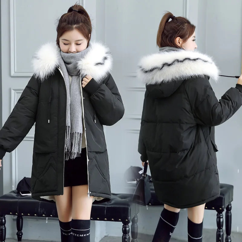 Меховая парка с капюшоном casaco feminino Женская куртка, пальто плюс размер зимняя куртка женская Повседневная пуховая хлопковая длинная стеганая парка - Цвет: Black