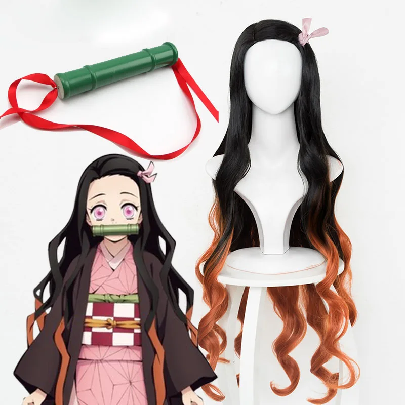 DIOCOS Demon Slayer Kimetsu no Yaiba Kamado Nezuko, парики для косплея, бамбуковый реквизит, уплотнительная палка - Цвет: Wigs and props