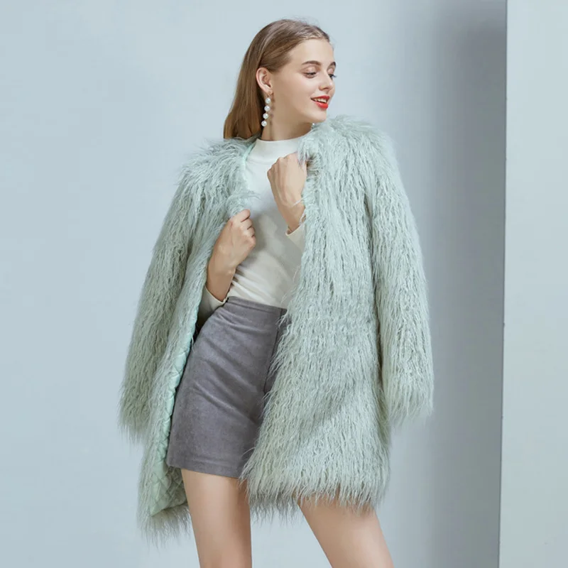 

2019 Autumn and Winter New INS Fashion Imitation Fur Jacket Women's Wool Long Coat Furry Long Hair Thick Coat Mesh Red