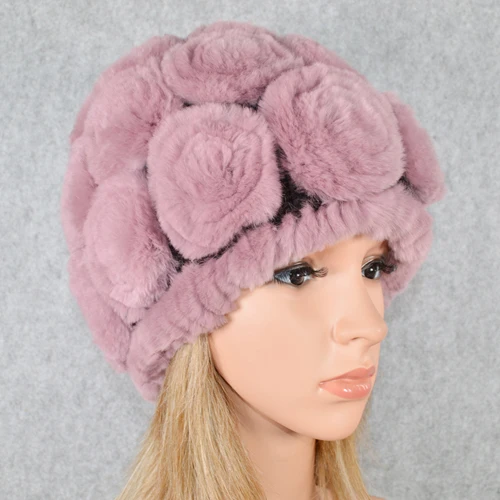 pink Зимняя шапка из меха кролика Рекс женская вязаная натуральный мех кролика рекс цветы шапочки шапки Теплый мягкий Настоящий мех кролика шапки - Цвет: pink