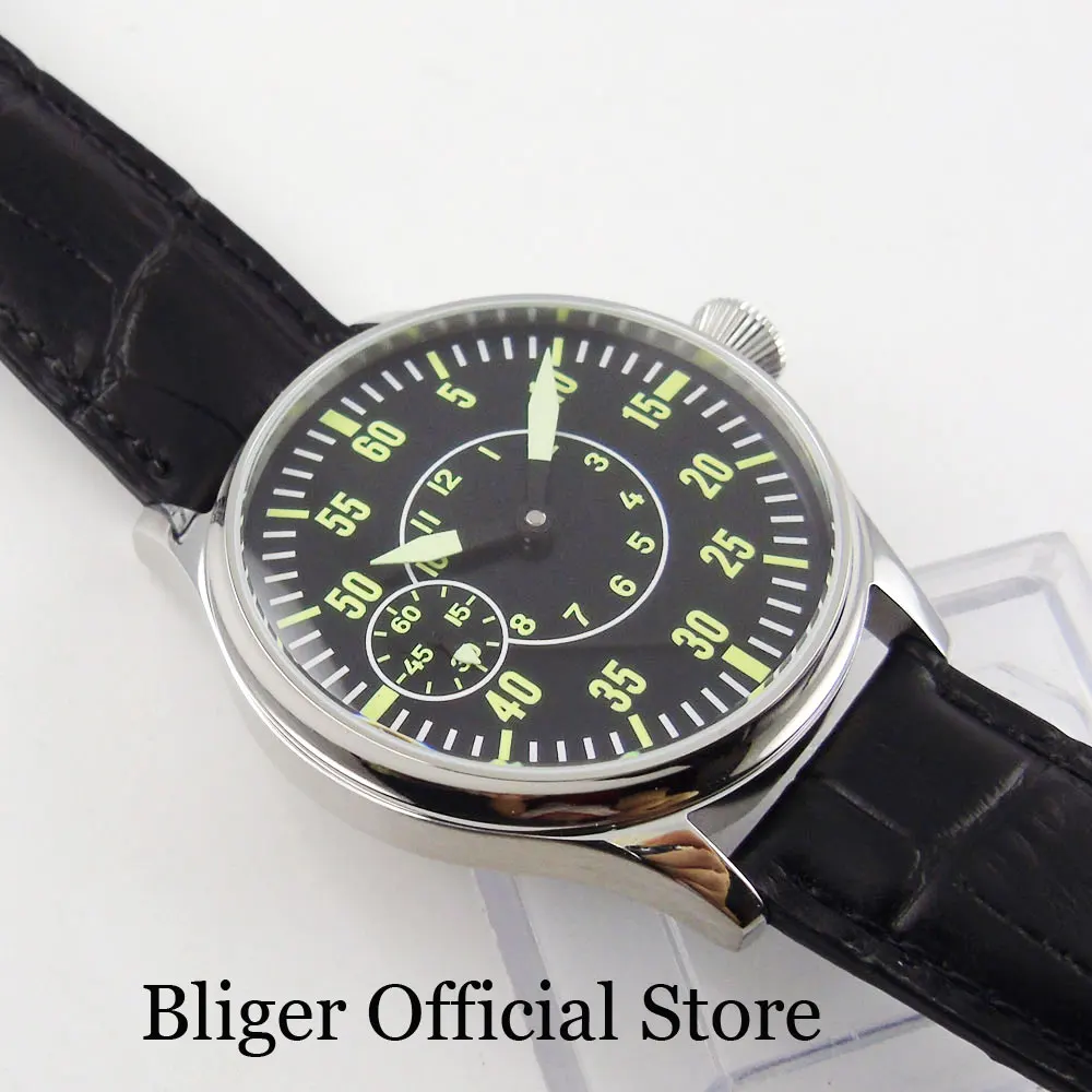 BLIGER Top 44 мм 6497, мужские наручные часы с ручным подзаводом и ремешком, серебристый чехол, черный кожаный ремешок, минеральное стекло
