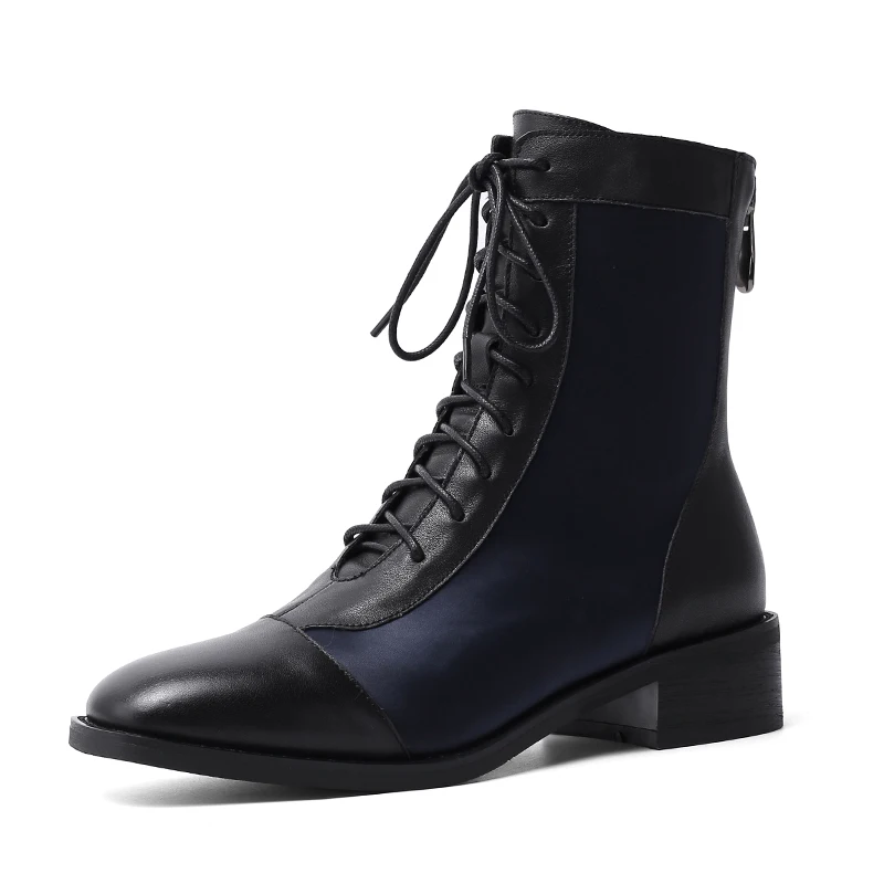 WETKISS/мотоботы; женские атласные ботильоны на низком каблуке; женская обувь на шнуровке с квадратным носком; Женская Повседневная зимняя обувь из коровьей кожи - Цвет: black
