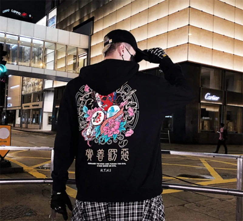 Модная толстовка с капюшоном в стиле Харадзюку, мужская повседневная черная толстовка в стиле хип-хоп с японским принтом, уличная одежда, пальто, мужские зимние толстовки с капюшоном