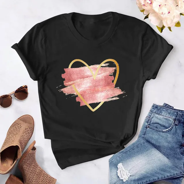 Heart flower print ladies T-shirt ladies casual basis O-collar white shirt short sleeve ladies T-shirt love graphic printing CT-Black-752