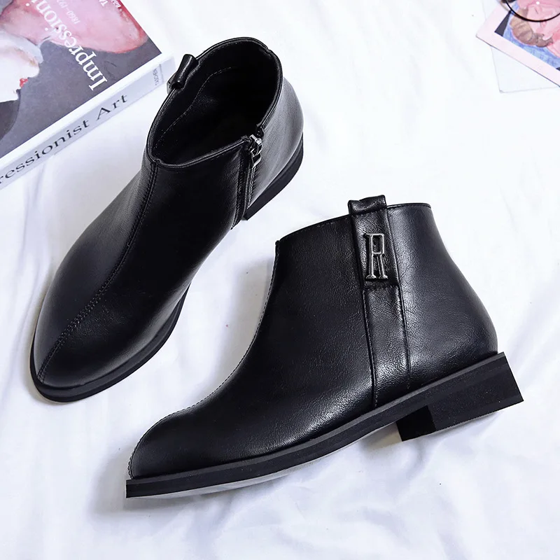 

2019 Autumn Europe And America New Style Fashion Mid-top-Style Leather Side Zipper round Flat Martin Boots Mouth Women's Boots E