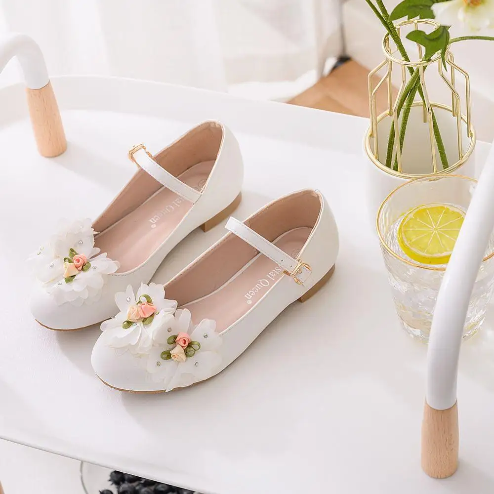 

Crystal Queen Wedding Party Floral Girls Shoes Princess Single Shoes Girl Kids Children Casual Fashion PU Sneakers With Flowers