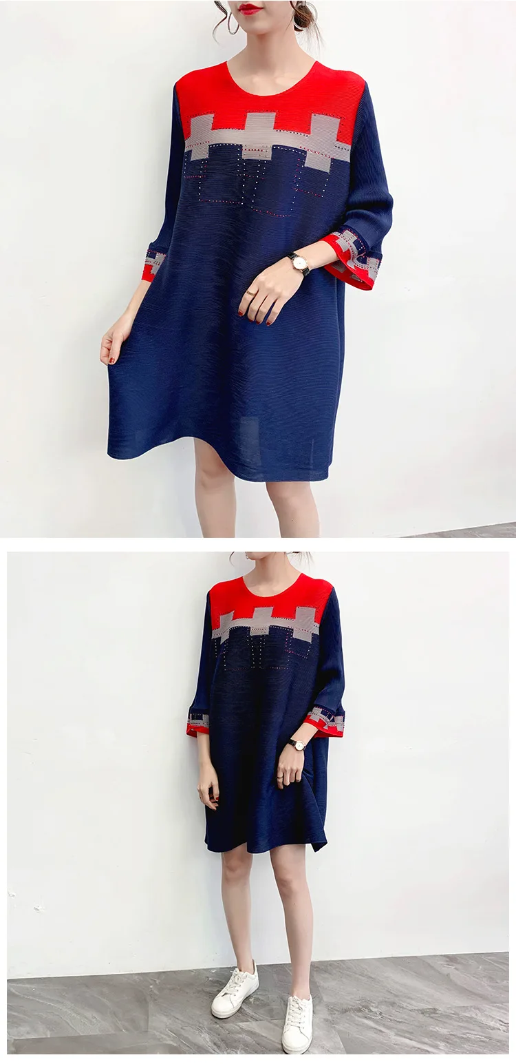 Miyake pleated color blocking dress spring new loose large size pleated dresses women free shipping