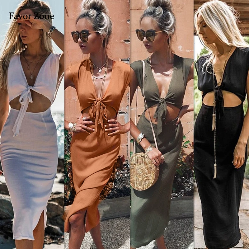 

Hollow Out Sexy Dress For Women Deep V Neck Tank Bandage Bodycon Summer Dress Solid Color Sleeveless Midi Beach Party Dresses