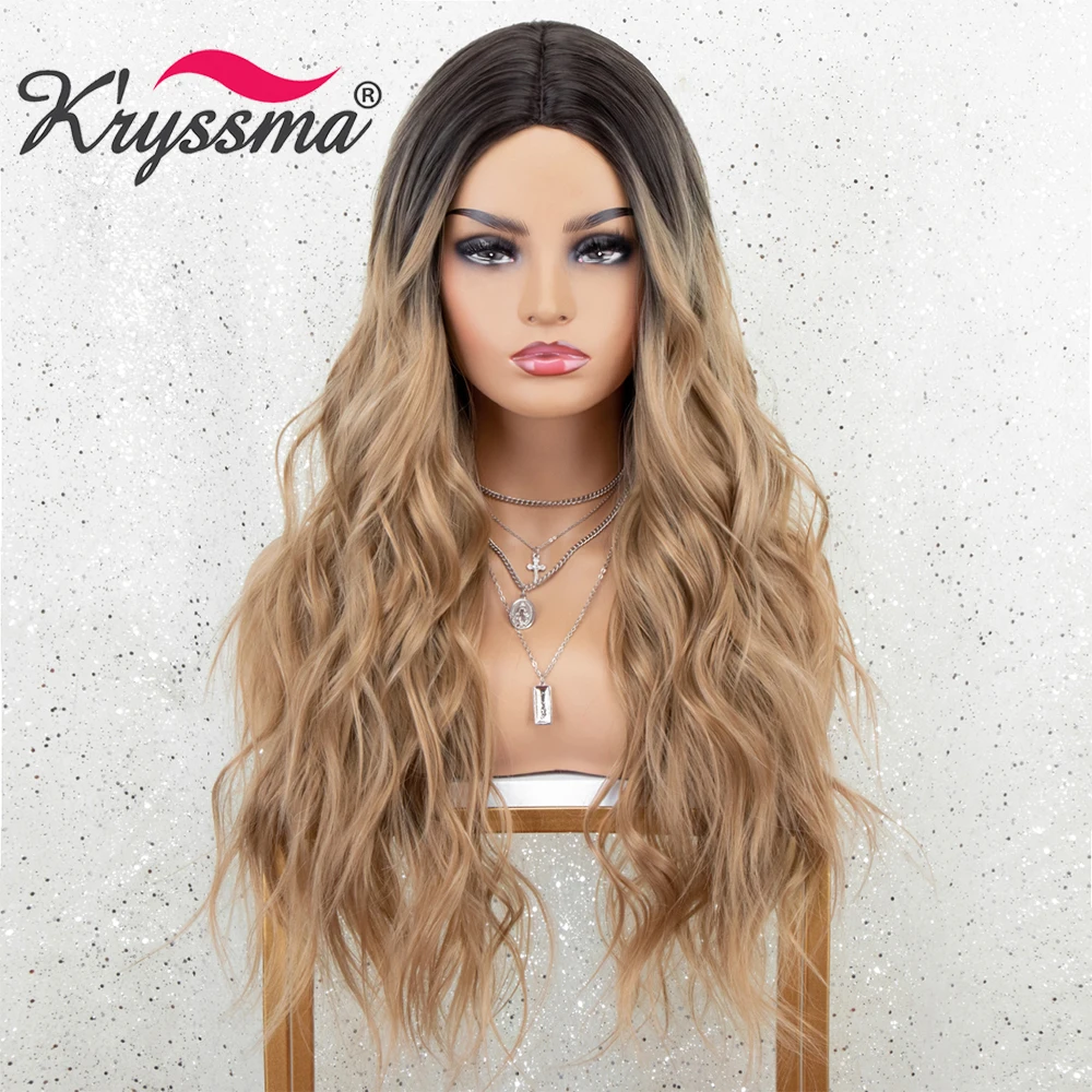 

Kryssma Ombre Blonde Black Wigs Long Wavy Synthetic Wigs For Women Body Wave Cosplay Wigs Mixed Black Heat Resistant Fiber Hair