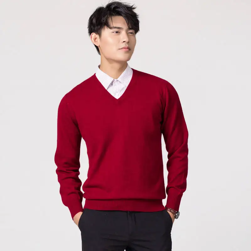 Мужские пуловеры, новинка зимы, модный свитер Vneck, кашемировые и шерстяные вязаные Джемперы, Мужская шерстяная одежда, Лидер продаж, стандартные мужские топы - Цвет: Vneck dark red