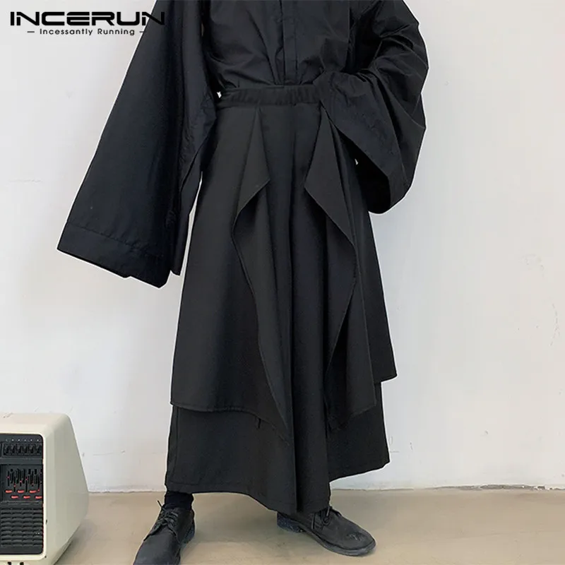 Men Wide Leg Pants Solid Color Elastic Waist Irregular Skirts Trousers Punk Black Joggers Loose S-5XL