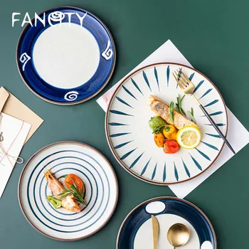 

FANCITY Creative Steak Plate Western Food Plate Household Ceramic Dinner Plate Pasta Plate Tableware Breakfast Plate Hand-painte