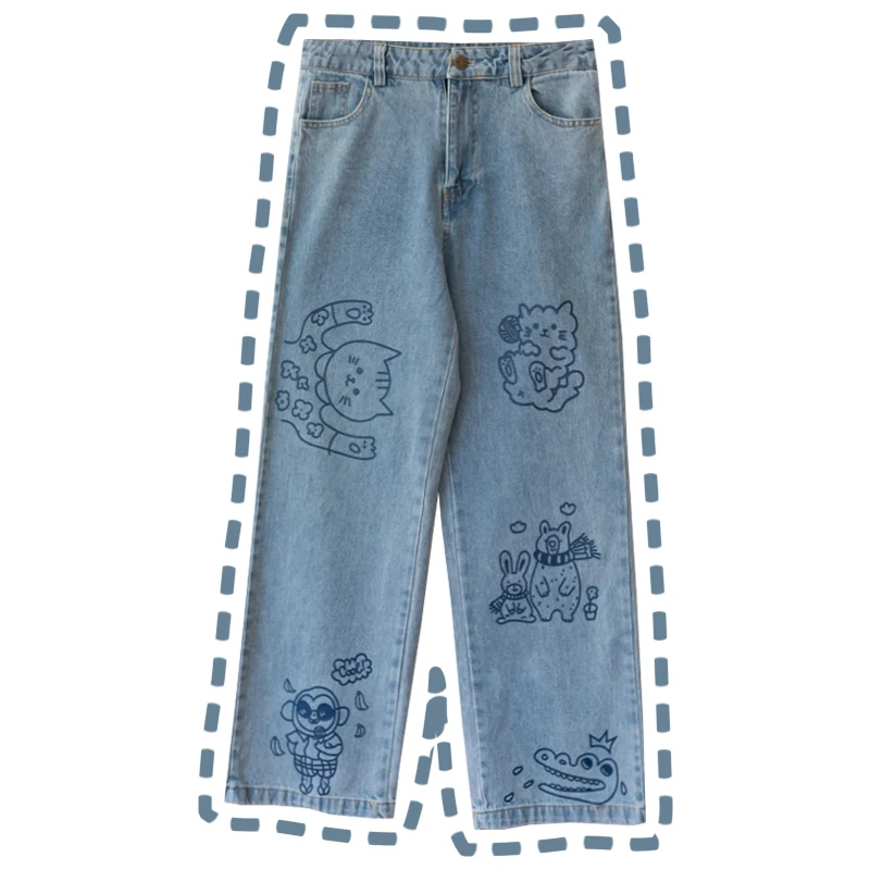 Осенние милые женские джинсовые брюки с принтом животных прямые светло-голубые брюки с изображением кошки обезьяны весенне-летние тонкие