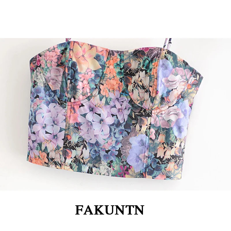 FAKUNTN Women's Cami French Retro Oil Painting Style Crop Tank Top Female Cami Fashion Sexy Sleeveless Top On Thin Straps Women