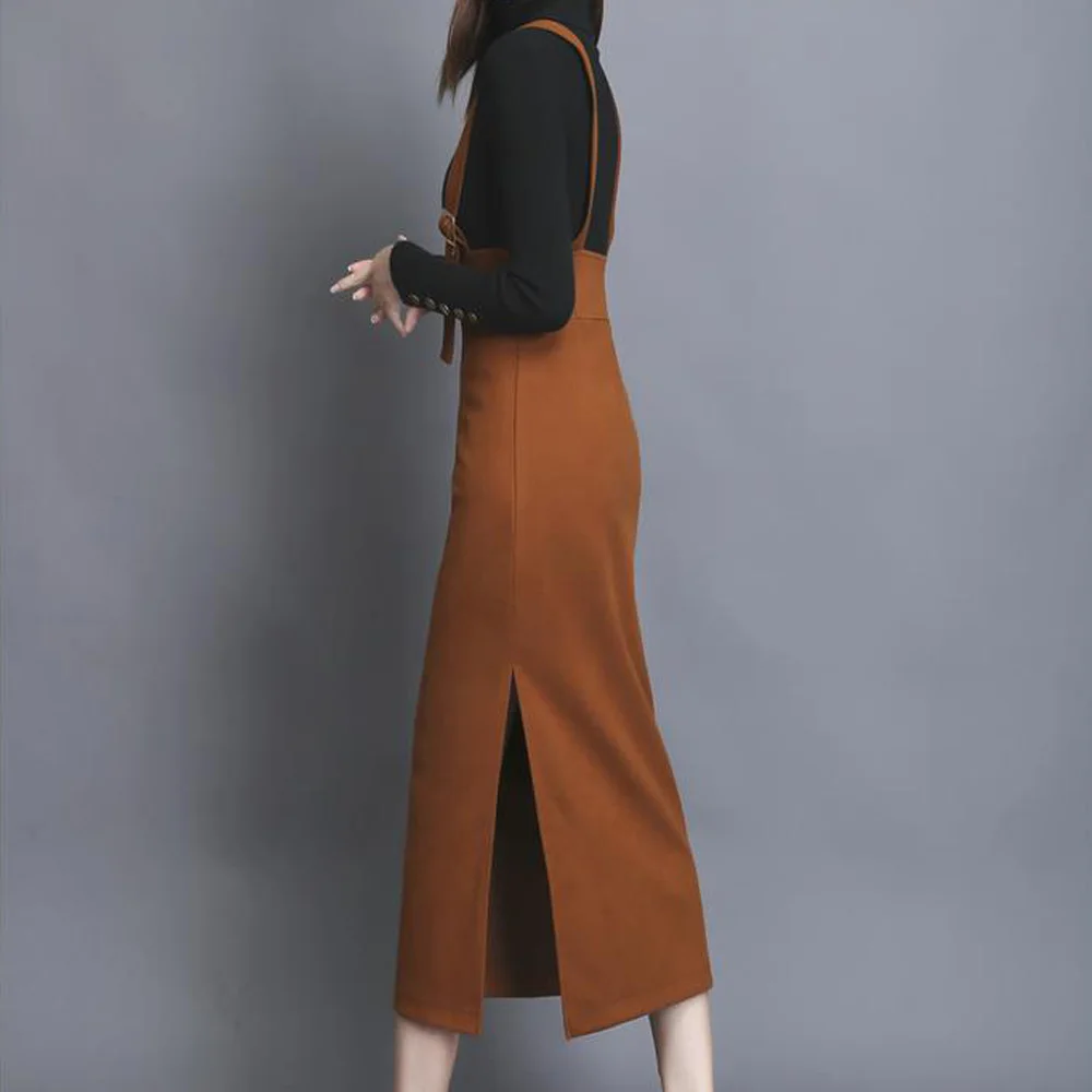 Brown Woolen Suspender Skirt Two Shoulder Womens High Waist Strap Skirt Winter Wool Jumpsuit Skirt Casual Bodycon Long Skirts