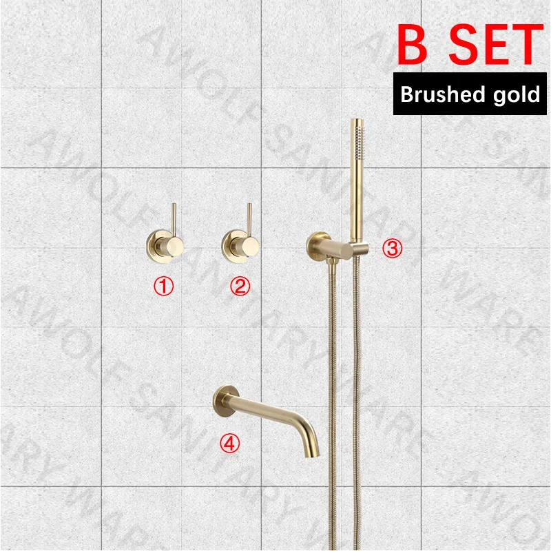 Brushed Gold B SET Набор для ванной комнаты, матовый, розовое золото, простота, твердая латунь, 8 дюймов, насадка для душа, кран, смеситель для душа, ванна, черный хром, AH3023 - Цвет: Brushed Gold B SET