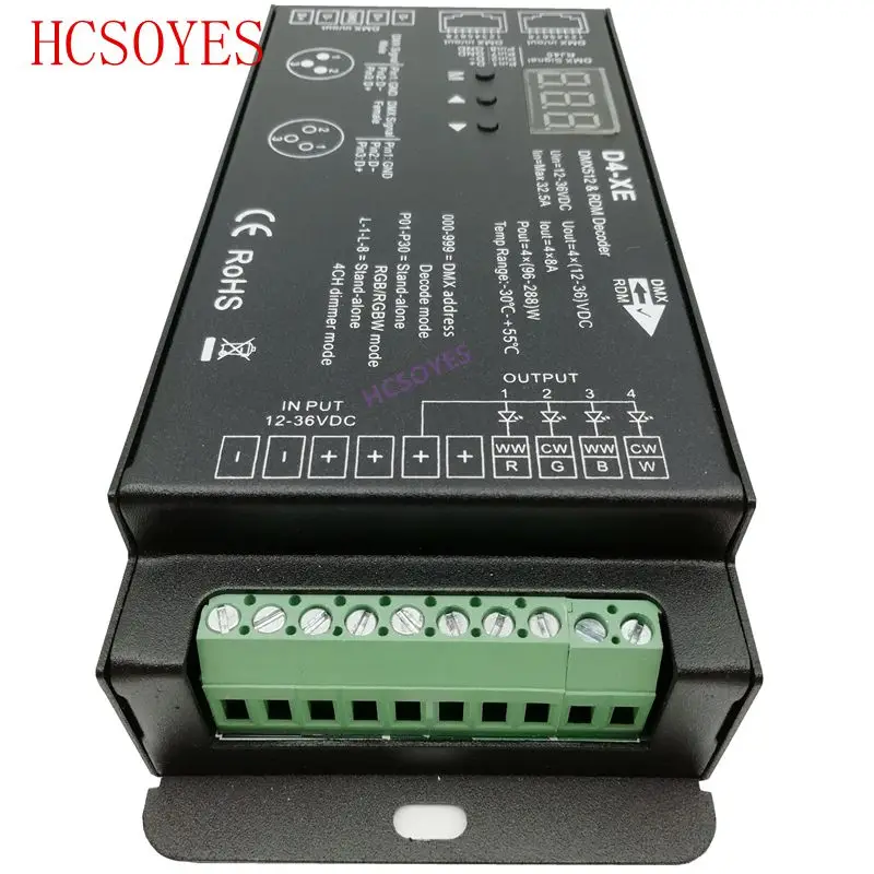 D4-XE 4CH PWM constant voltage CV DMX512 RDM LED decoder controller with digital display XLR3 RJ45 DC12V 24V 36V input 8A*4CH