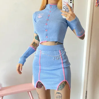 

SEASONS Letter Embroidery Ribbed Knitted Matching Set Sweet Single-breasted Crop Tops Slit Mini Skirts 2 Piece Suits ASSU81505