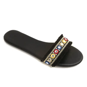 

2020 Summer Open Toe Ribbon Rhinestone Flats Beach Sandals Slippers Casual Shoes Woman