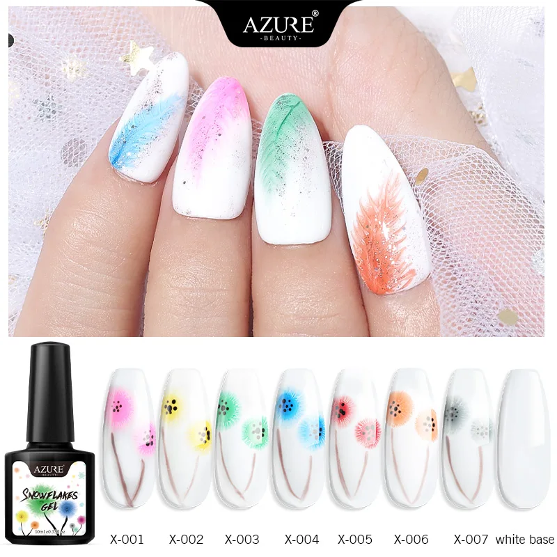 Azure beauty, гель для ногтей со снежинками, 10 мл, гель с цветами, лак, отмачиваемый, УФ-гель для ногтей, для маникюра, нужна специальная белая основа