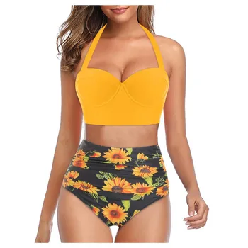 

Women Sunflower Print Summer Sexy Bra Suit 2020 Bandage Push up Padded Bra Ladies High Waist Panties Underwear Bra Set Wire Free