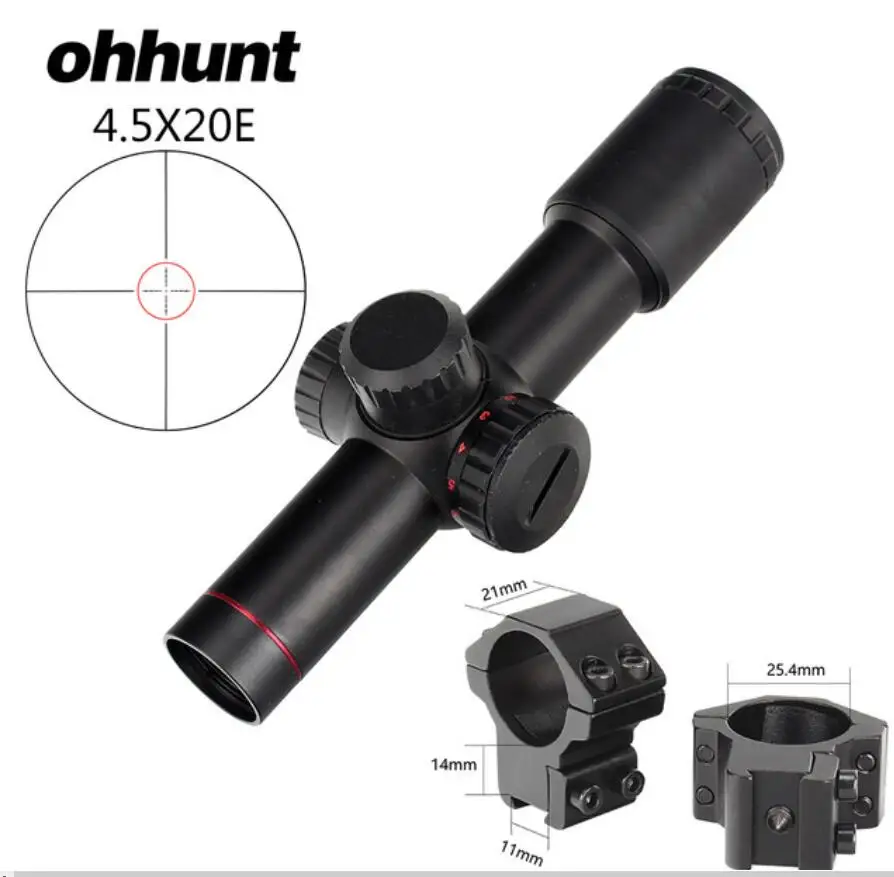 Ohhunt 4.5x20E компактный охотничий прицел, подсвеченный красным стеклом, гравированный прицел с откидной крышкой и кольцами - Цвет: Med dovetail Rings
