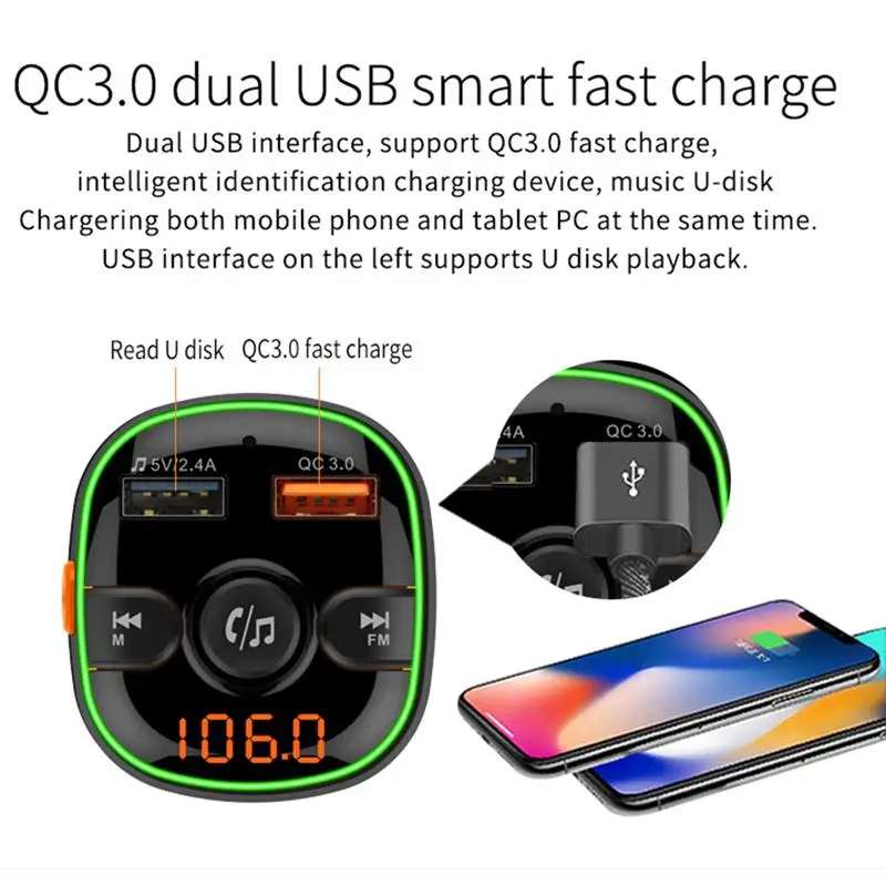 QC3.0, автомобильный Bluetooth 5,0, fm-передатчик, беспроводной, громкая связь, аудио приемник, авто MP3 плеер, двойной USB, быстрое зарядное устройство, автомобильные аксессуары