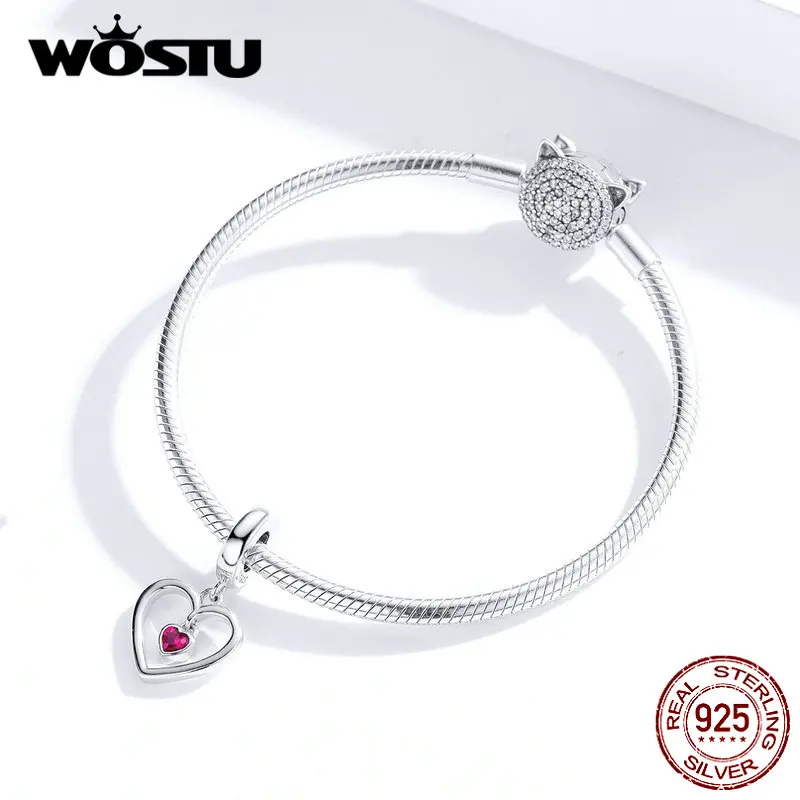 WOSTU, 925 пробы, серебряные, красные, сердцебиения, талисманы, подходят к оригинальному браслету, кулон, бусины для женщин, Аутентичные, хорошее ювелирное изделие, BKC134