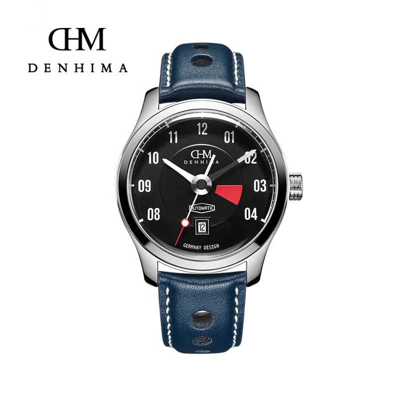 DENHIMA Blue Genuine Leather Belt Steampunk Men Automatic Mechanical Wristwatch Locomotive Series Mens Motorcycle Sports Watch | Наручные