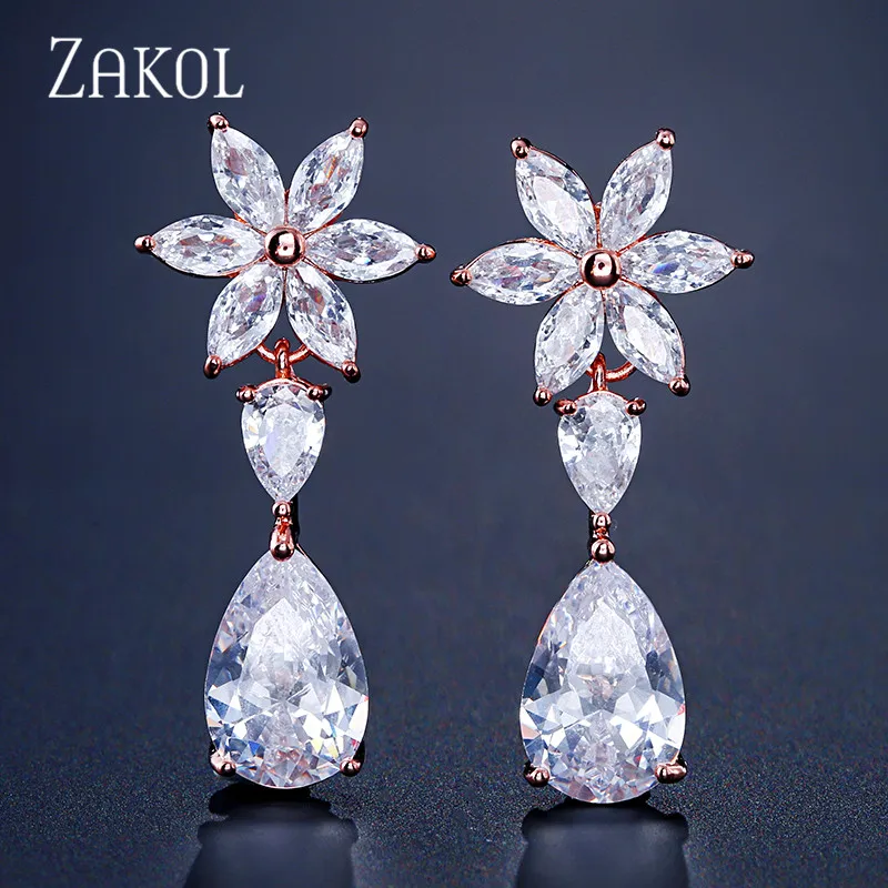 Rose Gold Color ZAKOL Романтические свадебные аксессуары ювелирные изделия Изысканный кубический циркон висячие серьги с розовым золотом цвет FSEP2196 - Окраска металла: Rose Gold Color