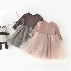 Хлопковые сетчатые платья для малышей с длинными рукавами объединённый принт со звездами детское платье осенняя одежда От 1 до 4 лет