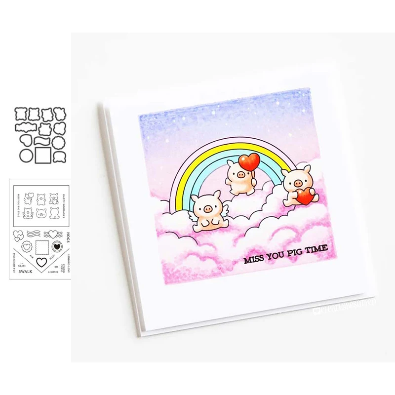 

JC Metal Cutting Dies and Clear Stamps Miss you Pig Time Scrapbooking Craft Stencil Card Make Album Sheet Mold Mould Decoration