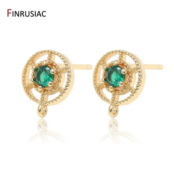 

Round Shape Green Zircon Rhinestone Post Earring Findings DIY Earrings Jewelry Components 14k gold plated