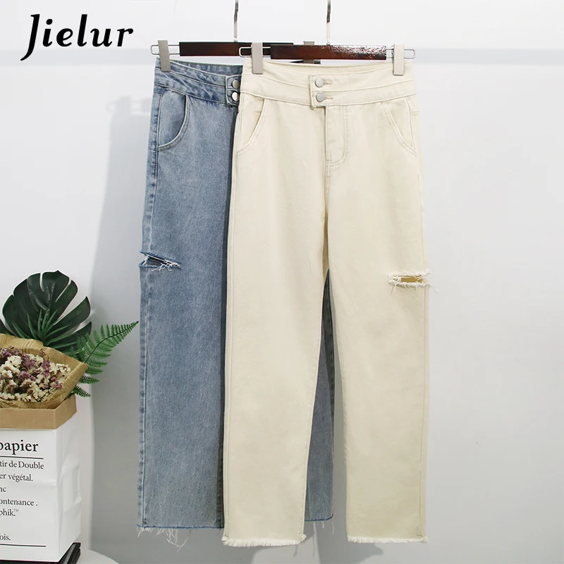 

Jielur Solid Color High Waist Jeans Denim Trousers Femme Hole Hipster Basic 2019 New Harajuku Women Jeans Loose Jeans Mujer
