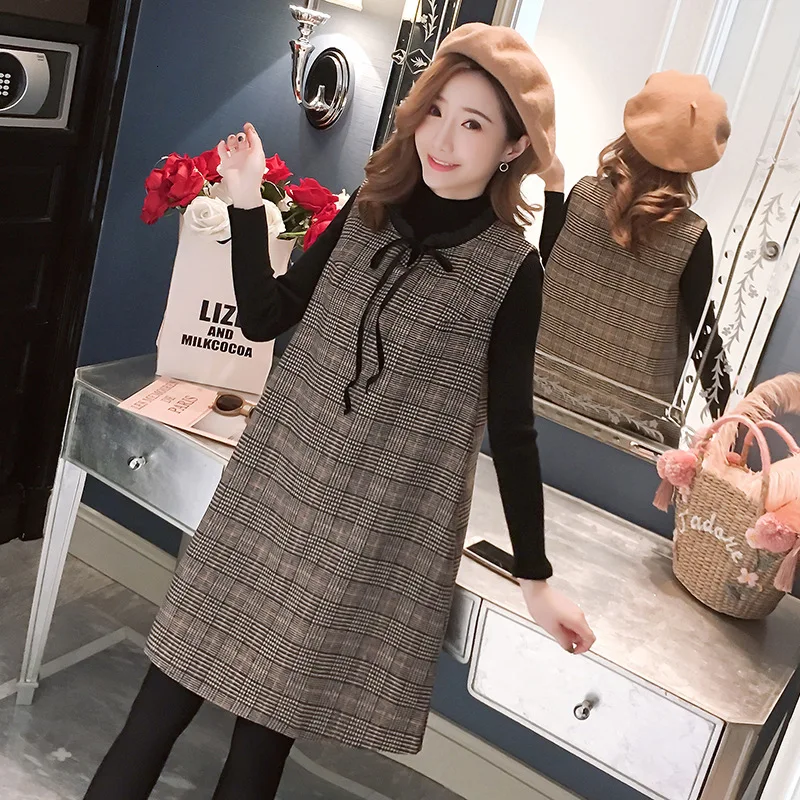 

Pregnant Women 2piece Elegant Pregnant Women 2019 New Fashion Woolen Plaid Long Vest Skirt Sweater Vestido Maternity Dresses