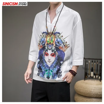 

Sinicism Store 2020 Men O-Neck Peking Opera Print TShirts Men Long Sleeve Solid Summer Loose TShirts Male Clothing Chinese Style