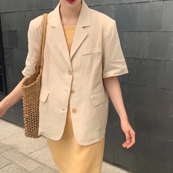 

Spring Autumn Women Korea Casual Office Loose Blazer Notched Neck Plus Size Blazer Coat Cotton Short Sleeve Blazer