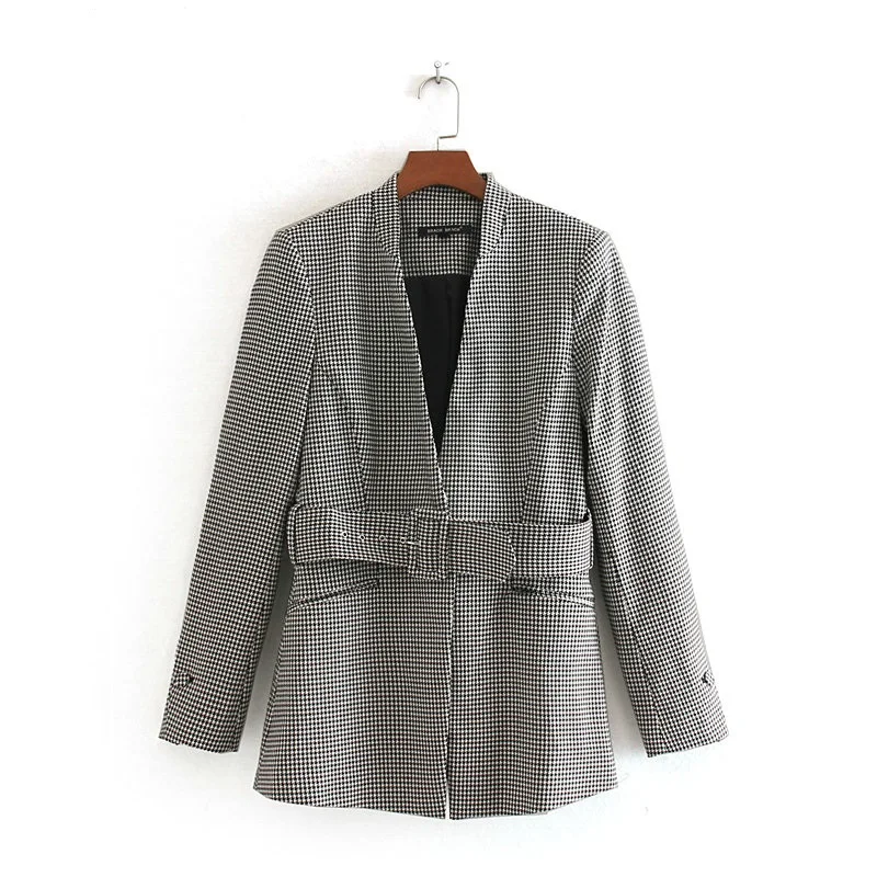 Tangada женский теплый зимний клетчатый пиджак с поясом офисный женский винтажный клетчатый блейзер с карманами для работы CE126 - Цвет: Черный