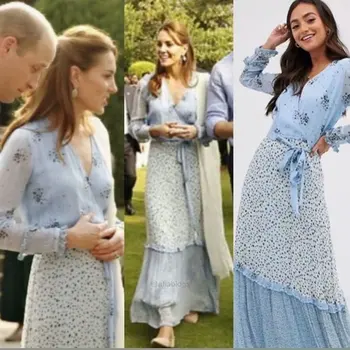 

The Duke and Duchess of Cambridge Same 2020 Spring and Summer Women's V-neck Long-Sleeve Light Blue Long mu Dress