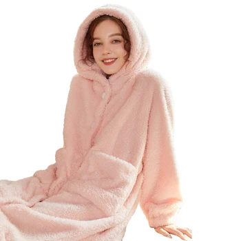 

Women Sleepwear Winter Fleece Princess Robe Hooded Flannel Pajamas Warm Night Bathrobes Sleep Robes Nightgown Dress Loungewear