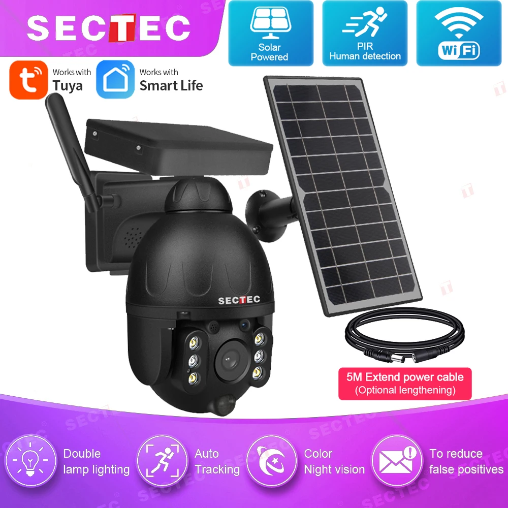 SECTEC Outdoor Tuya Solar Camera Wifi Security Protection Black Detachable Cam Battery CCTV Video Surveillance Phone | Безопасность и