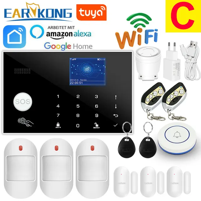 Wifi GSM Alarm System 433MHz Home Burglar Security Alarm Wireless Wired Detector RFID Touch Keyboard Temperature Humidity Alexa C